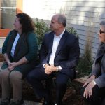 Maureen Ryan, Malcolm G. Chace Jr, and Liz Chace attend Wolf School courtyard dedication